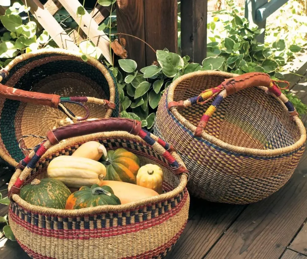 Bolga basket LARGE Hand Woven Natural African Market Leather Handle Reshapeable